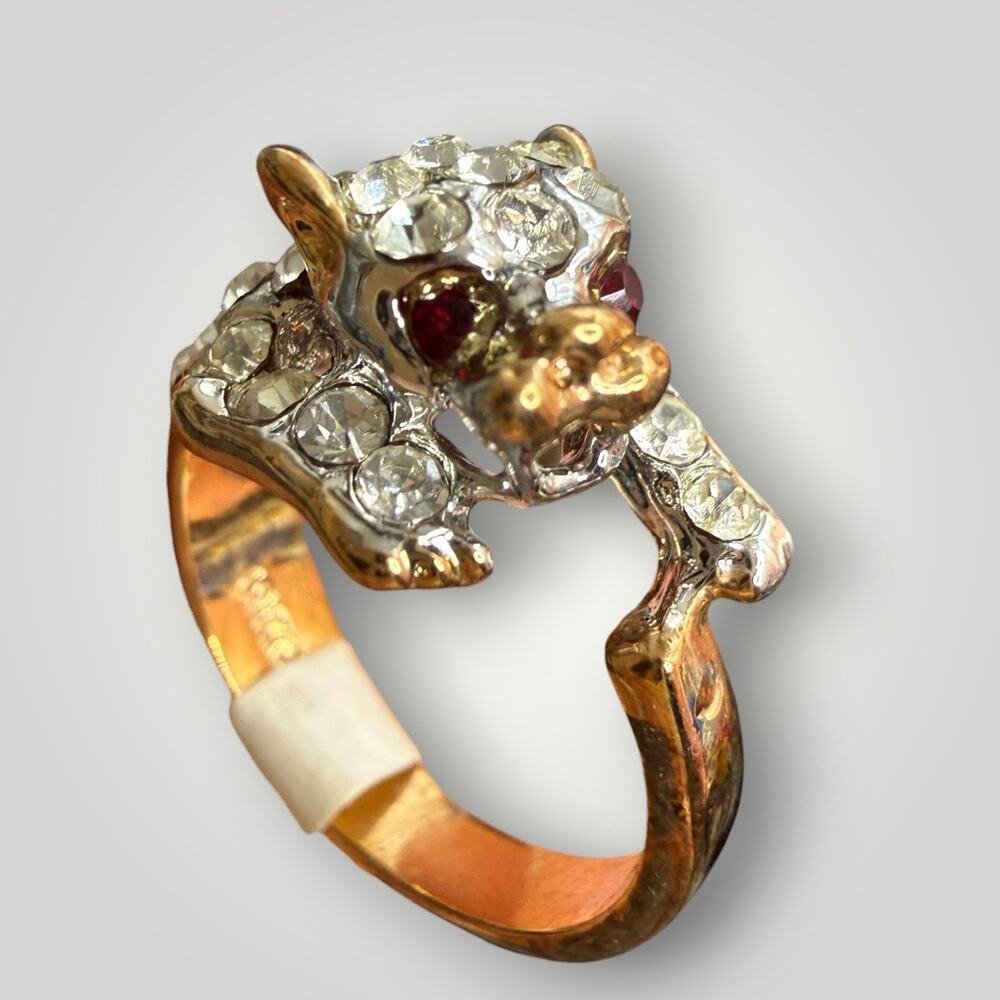 Vintage 18K GE Panther Ring Red Eyes Clear & Black Crystal Size 6 Gold Tone